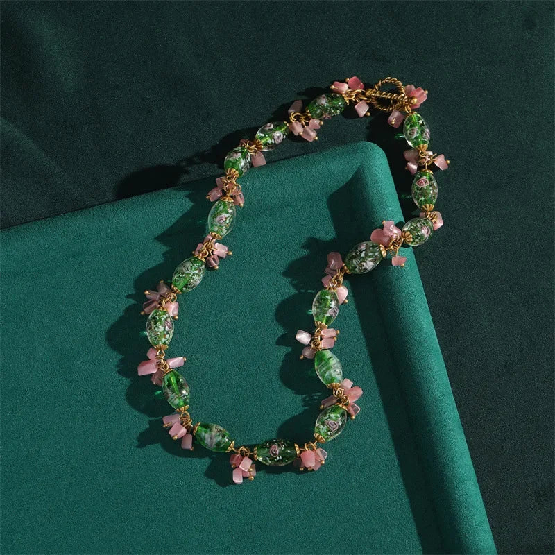 Pink Bowknot Jewelry Set Bride Natural Stone Crystal Necklace Earrings For Women Green Glass Beads Sweet Collar Accessories 2025