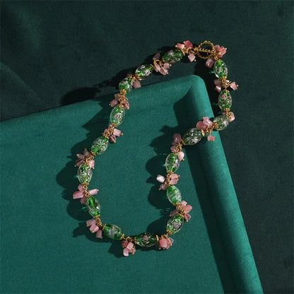 Pink Bowknot Jewelry Set Bride Natural Stone Crystal Necklace Earrings For Women Green Glass Beads Sweet Collar Accessories 2025