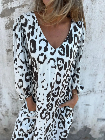 Women Sexy V-Neck Maxi Dresses Summer Bohemian Short Sleeve Leopard Print Long Dress Female Vintage Holiday Beach Cover Up Robe