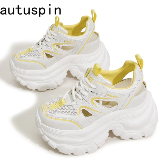AUTUSPIN 9cm ハイプラットフォーム レディースサンダル 夏ファッション スポーツスタイル ホロウアウト サンダル 女性用 通気性メッシュシューズ 34-39