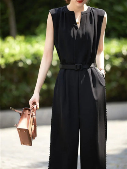 Fashion Casual Wide Leg Pants Rompers Women Bodysuit Sashes Slim Waist V-neck Jump Suit Korean Vintage Suit Summer Jumpsuit