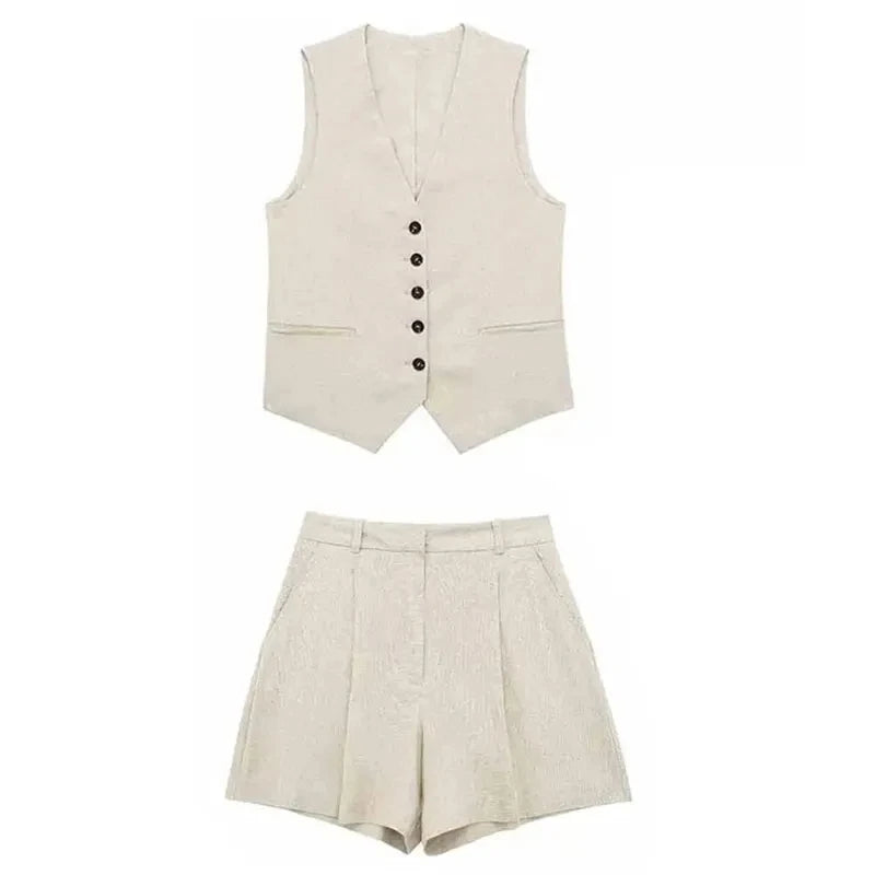 TRAFZA Women's Fashion Solid Linen Waistcoat Top V Neck Button Loose Casual Vest Summer Woman Streetwear Chic Vests Waistcoat
