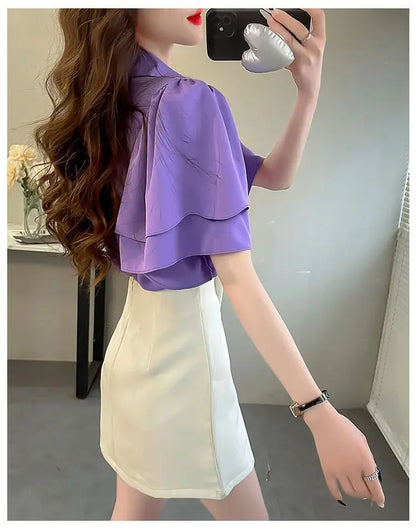French Lady's Summer Loose Shirt Women's New Loose Blouse Solid Color Ruffle Short Sleeve Chiffon Top
