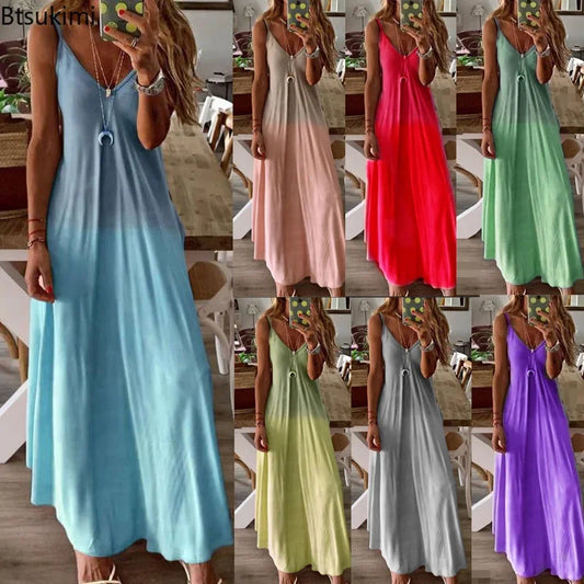 Plus Size 4XL 5XL Women's Summer Casual Loose Strap Dress Sexy Beach Boho Maxi Dress Large Size Long Dresses Female Robe Femme
