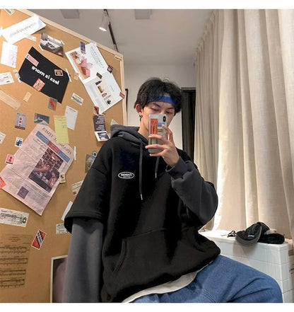 Hoodies men fake two-piece sweatshirt autumn stitching Korean loose contrast color hooded long-sleeved black  white gray design