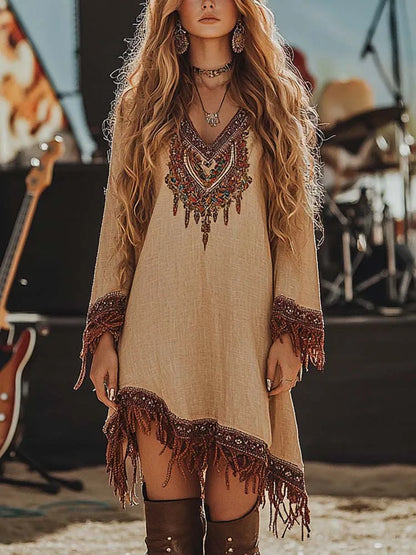 New Ethnic Sexy Deep V Music Festival Rock Party Dresses Women Vintage Wasteland Irregular Long Sleeve Lace Tassel Floral Dress
