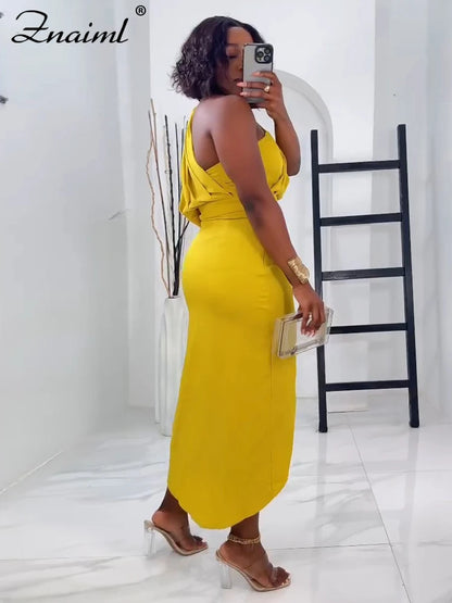 Znaiml Elegant Yellow Wedding Party Dresses Women One Shoulder Sleeveless Ruched Split Bodycon Evening Prom Birthday Gown Robe