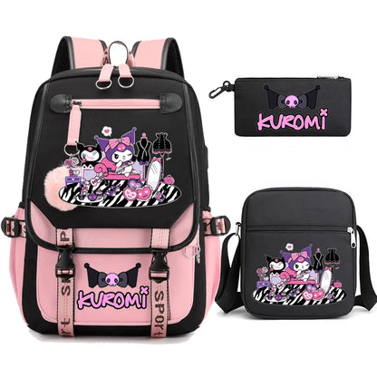 Kuromi Student Backpack 3pcs Cartoon Rucksack Girls School Bag High Capacity Women Backpack Female Cute Leisure Travel Mochilas