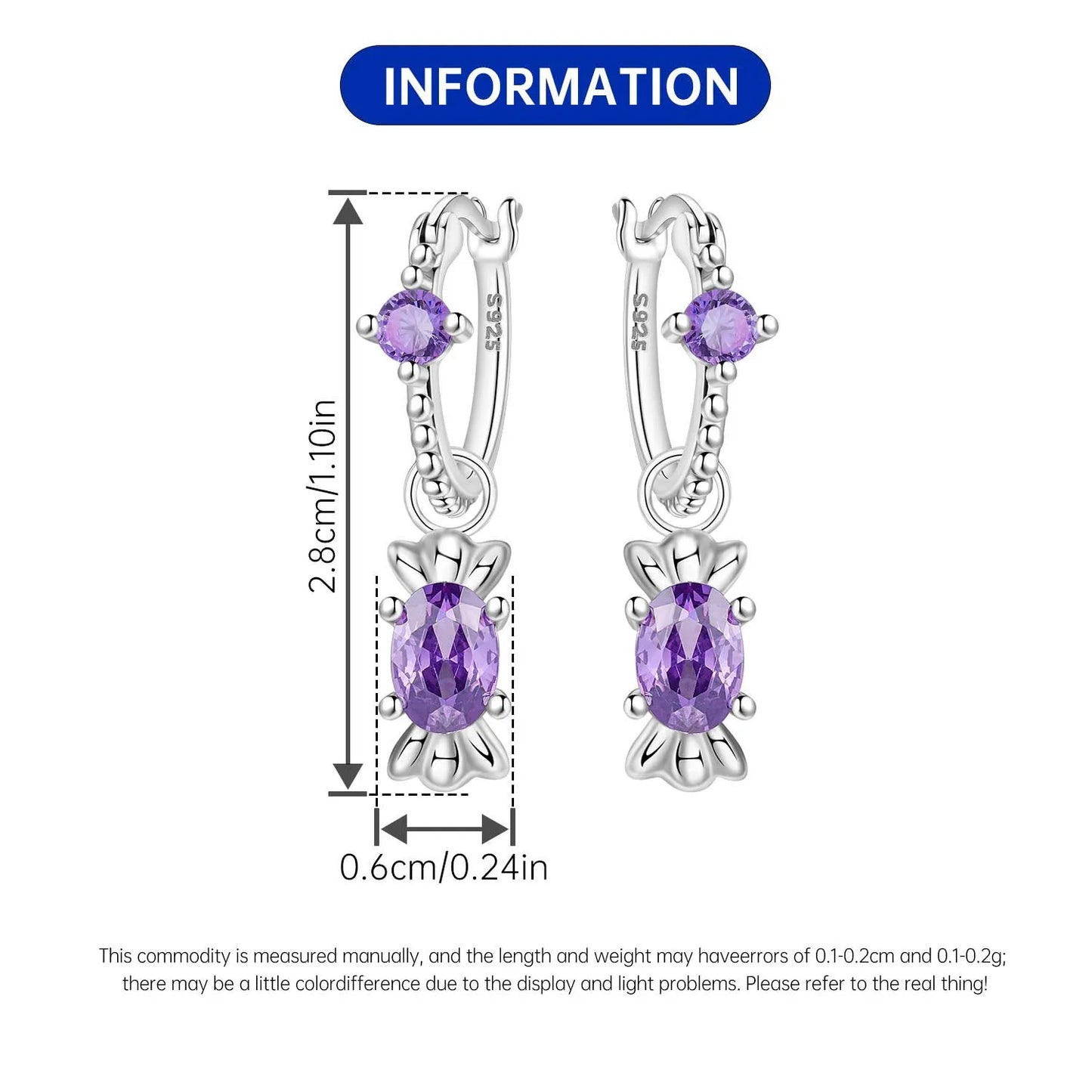 Orstarry 925 Sterling Silver Purple Zircon Candy Earrings Original Jewelry Drop Earrings Jewelry Party Anniversary Gifts