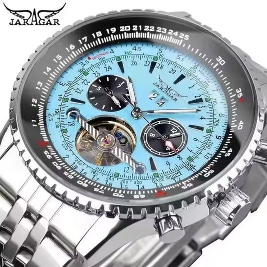 JARAGAR 034 Top Luxury Retro Blue Automatic Mechanical Watch Tourbillon Hollow Skeleton Stainless Steel Date Month Men's Watches