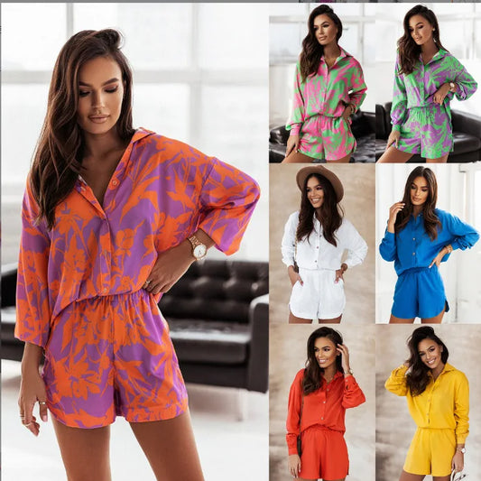 2025 Summer Casual Loose Shirt Shorts Set Women's Shirt Shorts Set of Two Print Solid Fashion Pieces for Women's Street Wear