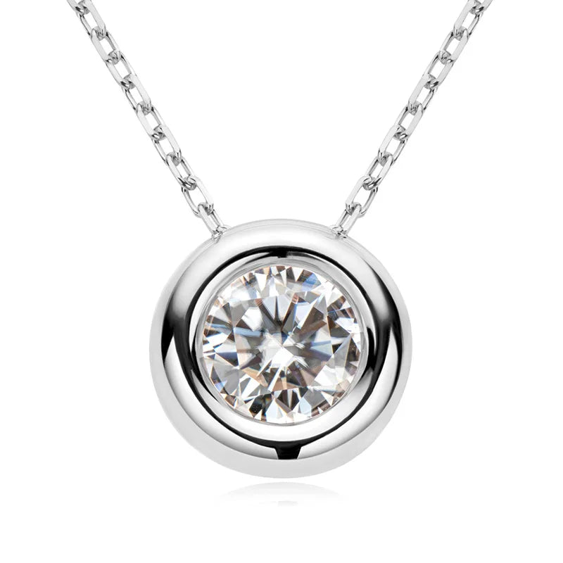 Lycfn 1CT Round Bezel Setting Moissanite Pendant Necklace For Women 925 Sterling Silver With GAR Clavicle Bubble Chain Jewelry