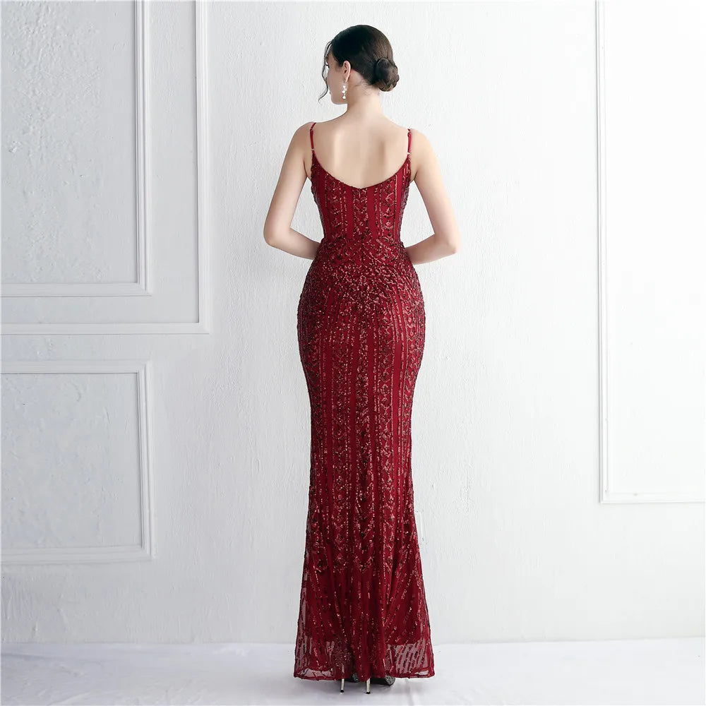Women's Black Long Sleeve Padded Strap Sequin Dress Length, Sparkles Stretch, V Neck Mermaid, Formal Evening Dress, Night Party
