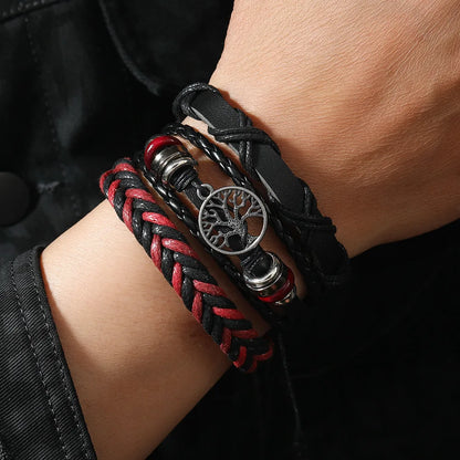 Red 6 Pc/set Tree Black Wrap Woven Handmade Wood Beads Bracelets Male Women Leather Bracelets Men Bangle Wholesale Jewelry Gift