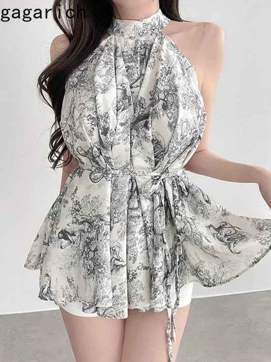 Gagarich Vintage Ink Print Color Contrast Lace Up Off Shoulder Blouse Woman Elegant Halter Sleeveless Folds Design Shirt Ins New