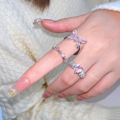 Adjustable Crystal Rings Y2K Pink Irregular Geometry Vintage Bowknot Heart Ring Set for Women Girl 2023 New Fashion Jewelry Gift