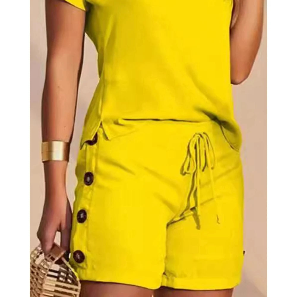 Women Buttoned Short Sleeve V-Neck Top & Drawstring Shorts Sets Women 2 Pieces Casual Two Pieces Set Summer Outfits Clothing