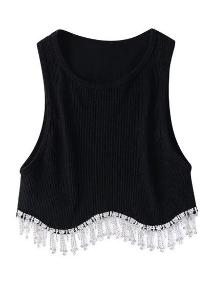 High Street Sexy Hem Tassel Diamond Beading Knitting T Shirt Chic Short Camis Tank Lady Slim Crop Vest Tops