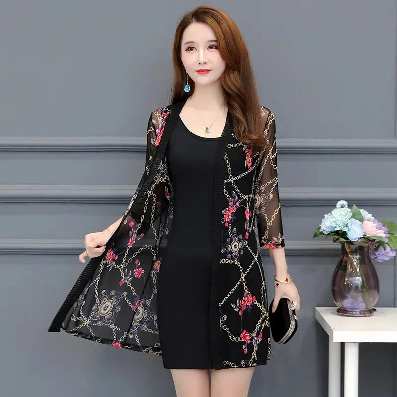 2024 Female Mid Length Large Size Sun Protection Cardigan Tops Coat Women Summer Gauze Lace Print Thin Sun Sunscreen Jacket 5XL