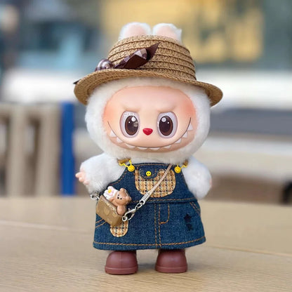 17cm Labubu Plush Doll Skirt- Adorable Skirt Set DIY Clothes Accessories Gift denim shoulder strap skirt Labubu straw hat skirt