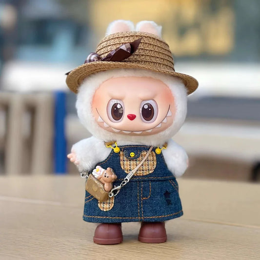 17cm Labubu Plush Doll Skirt- Adorable Skirt Set DIY Clothes Accessories Gift denim shoulder strap skirt Labubu straw hat skirt