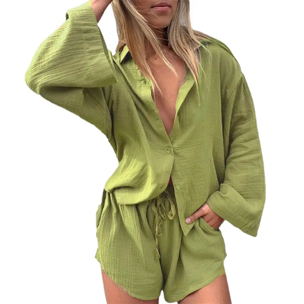2 Pcs/Set Women Blouse Pants Set Solid Color Turn-down Collar Elastic Waist Deep Crotch Fall Shirt Shorts Suit Female Clothes