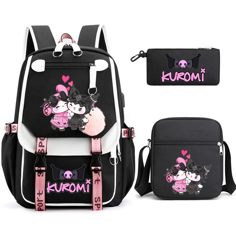 Kuromi Student Backpack 3pcs Cartoon Rucksack Girls School Bag High Capacity Women Backpack Female Cute Leisure Travel Mochilas
