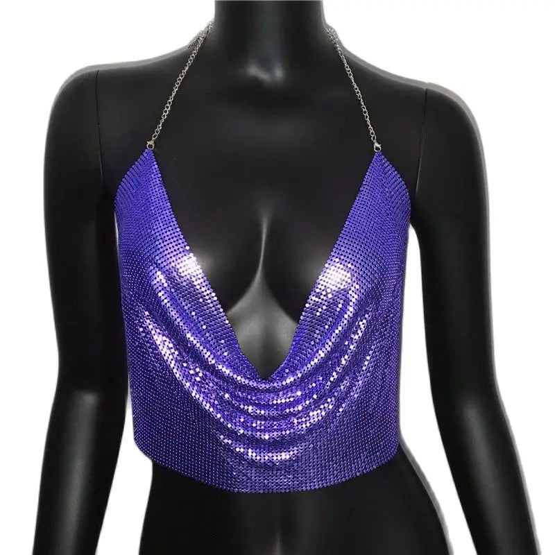 Glitter Metal Sequins Backless Camisole For Women Sexy Deep V Neck Halter Neck Sleeveless Tank Top Lady Nightclub Party Crop Top