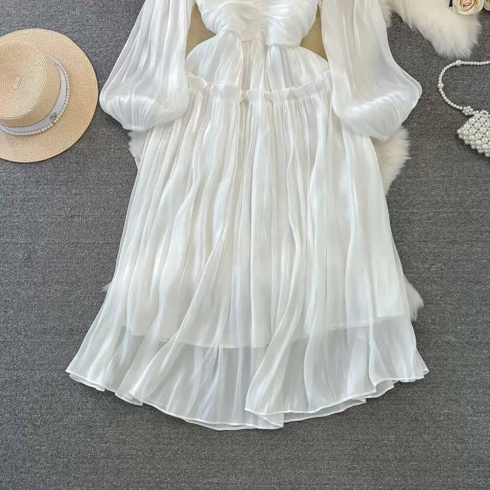 Elegant Long Sleeve Midi Party Dresses Women Summer Autumn Bright Faux Silk Retro Solid Evening Party Vestidos