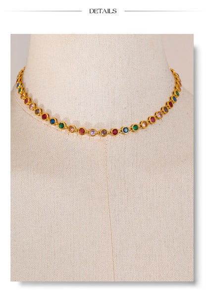 Yhpup Exquisite Colorful Cubic Zirconia Luxury Cast Chain Necklace Bracelet for Women Stainless Steel Waterproof Jewelry Gift