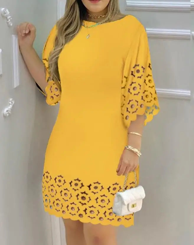Elegant Dresses for Women Hollow Out Round Neck Casual Mini Dress Vacation New Fashion 2023 Summer Casual Sexy Female Clothing