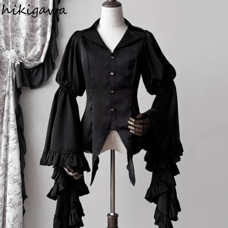 2025 Camisas De Mujer Vintage Blouses Women's Clothes Temperament Lady Tops Japanese Shirt Flare Sleeve Goth Slim Fit Blouse