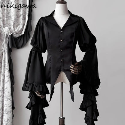 2025 Camisas De Mujer Vintage Blouses Women's Clothes Temperament Lady Tops Japanese Shirt Flare Sleeve Goth Slim Fit Blouse