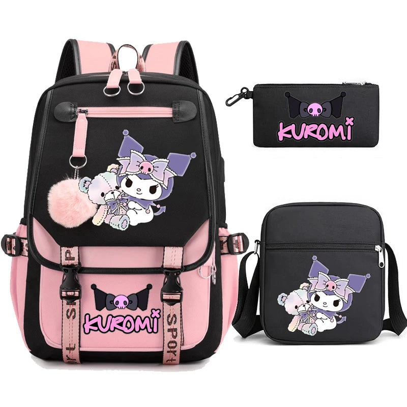 Kuromi Student Backpack 3pcs Cartoon Rucksack Girls School Bag High Capacity Women Backpack Female Cute Leisure Travel Mochilas