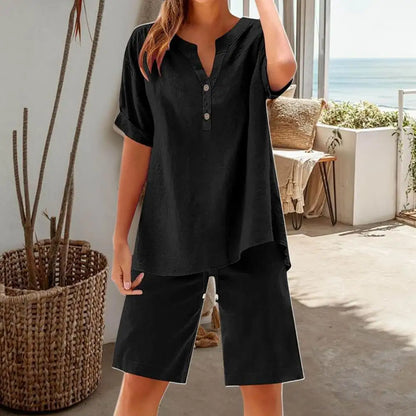 Women 2-piece Set Women's Cotton Linen 2 Piece Outfits Short Sleeve V-neck Top Wide Leg Shorts Set for Summer Lounge Wear Women