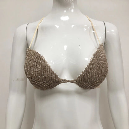 PB Glamorous Crystal-Embellished Leaf-Shaped Spaghetti Strap Bra Top - Ideal for Nightclub Outfits & Bold Fashion Statements