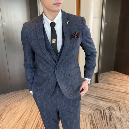 British Korean Style High Quality Modified Plaid Three-Piece Suit for Men - Stylish Business Casual Suit Vest And Trousers Set