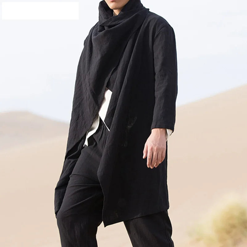 Men's Cotton Linen Cloak Long Irregular Cape Autumn New Long Sleeve Coat