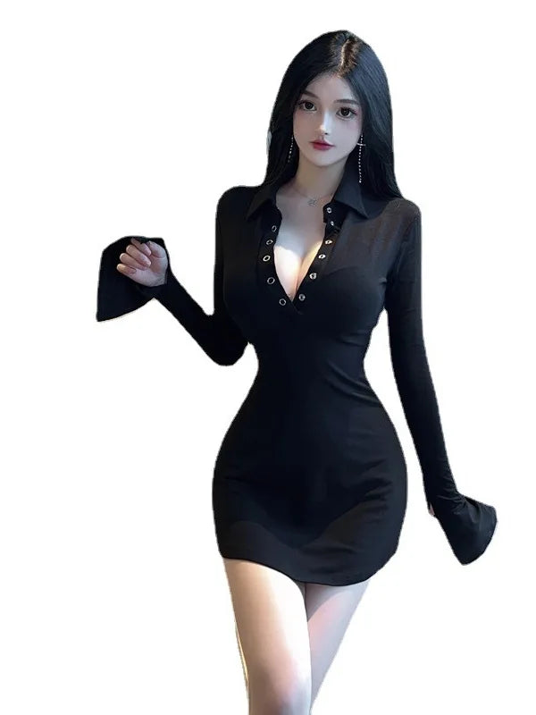 セクシー無地タイトフィット多ボタン長袖Tシャツスカートスリムフィットスリミング多用途プルオーバードレスエレガント FLF5