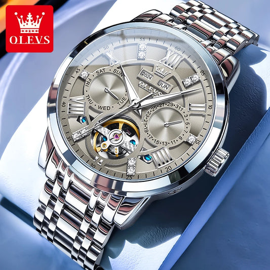 OLEVS Brand Fashion Mens Tourbillon Mechanical Watch Automatic Slef-Wind Luxury Stainless Steel Waterproof Luminous Date Watches