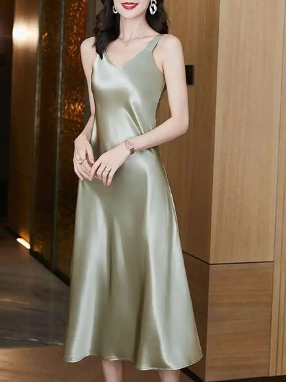 #4930 Sleeveless Spaghetti Straps Midi Satin Dress Women Solid Color V-neck Sexy A-line Party Dresses Women Evening Summer 2025