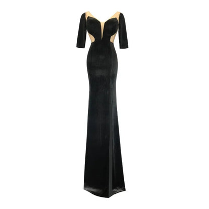 Velvet Sheer Deep V Neck Evening Gown Backless Floor Length Dress With Thigh High Slit Elegant Prom Gown Women Carpet Events