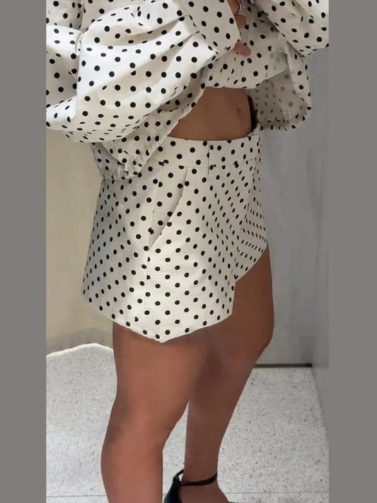 Polka Dot Print Shorts Coats Suits Women Loose High Neck Long Sleeves Zipper Drawstring Sets Female 2025 Autumn New Chic Set