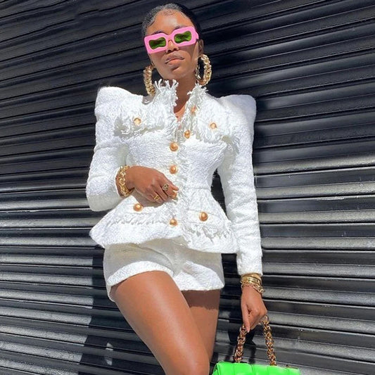 Two-Piece Set Sexy O-Neck Long Sleeve High Quality 2021 New Women's Tweed 2 Single Breasted Jacket And Pants Club Party Set