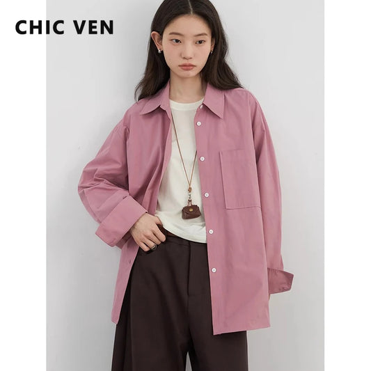CHIC VEN Women Shirts Solid Long Sleeve Loose Single Breasted Female Blouses Woman Cotton Spring Summer 2025 Clothing