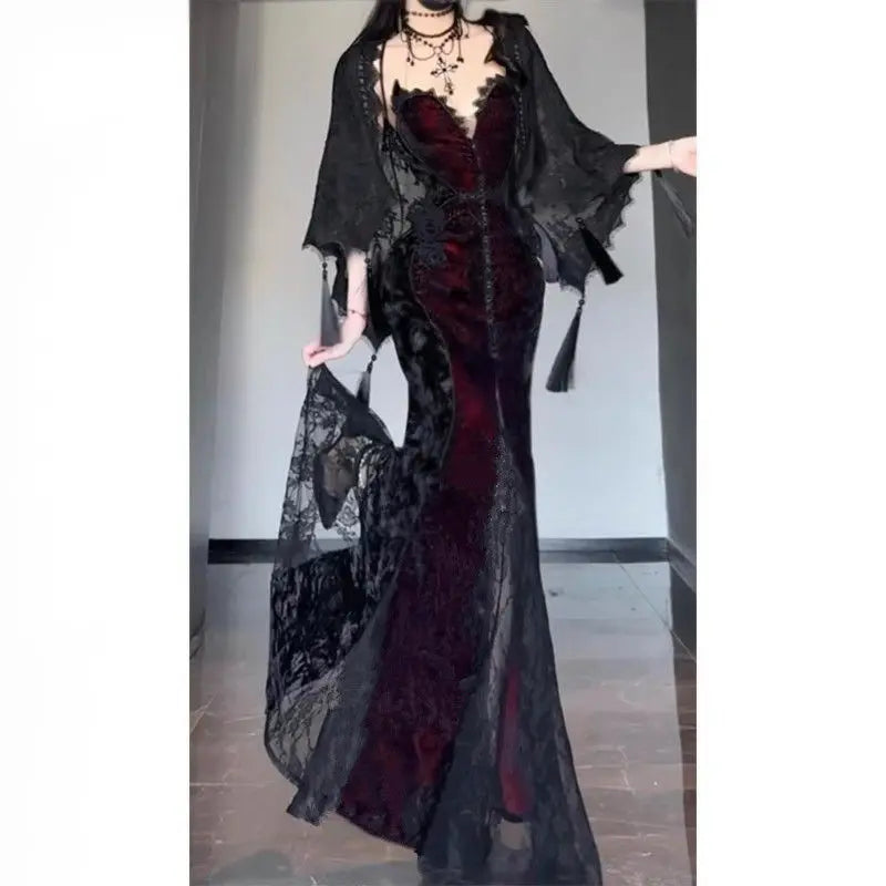 Summer Gothic Grunge Y2k Lace Dress Women Dark Academia Sexy Slim Party Dresses Korean Fashion Design Festival Long Prom Dress