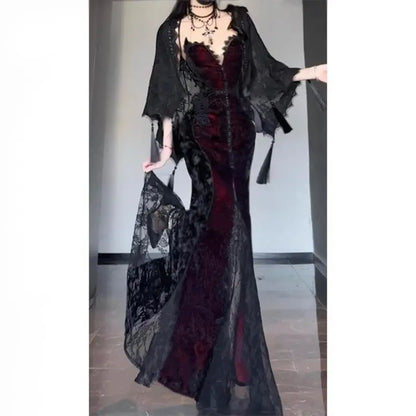 Summer Gothic Grunge Y2k Lace Dress Women Dark Academia Sexy Slim Party Dresses Korean Fashion Design Festival Long Prom Dress