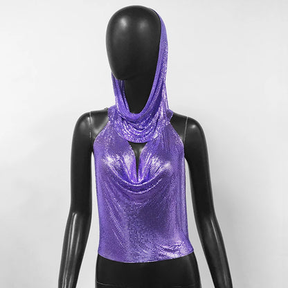 Women Metal Sequins Tank Top With Turban 2 Piece  Sexy V Neck Backless   Suspender Top Rave Festival Party Nightclub Camisole
