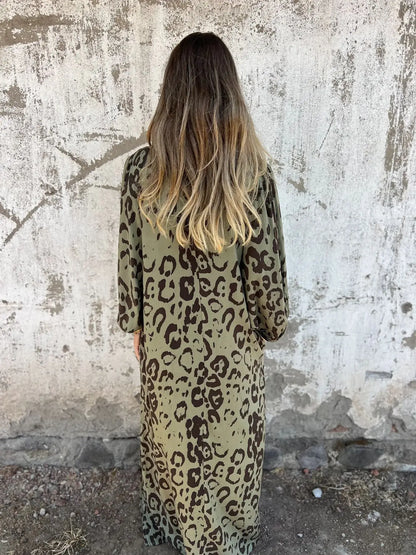 Women Sexy V-Neck Maxi Dresses Summer Bohemian Short Sleeve Leopard Print Long Dress Female Vintage Holiday Beach Cover Up Robe