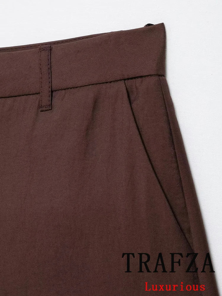 TRAFZA Casual Office Lady Chic Women Suit Solid Sashes Single Breasted Blazer Zipper Shorts New Fashion 2025 Spring Summer Sets